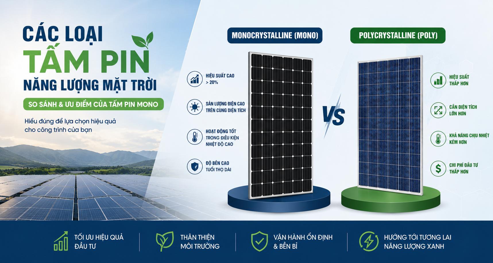 CÁC LOẠI TẤM PIN NĂNG LƯỢNG MẶT TRỜI – VÌ SAO TẤM PIN MONOCRYSTALLINE ĐANG LÀ LỰA CHỌN HÀNG ĐẦU?